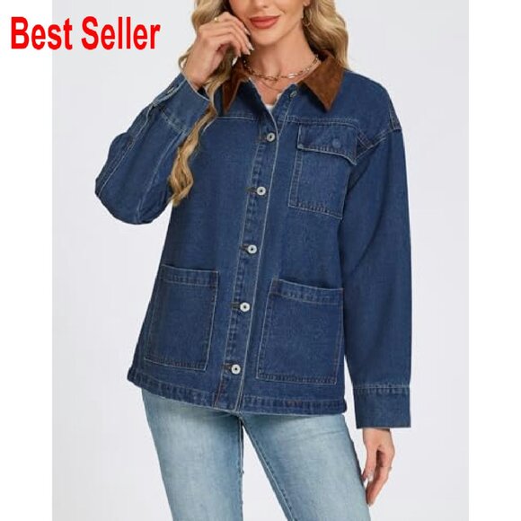 Oversized Denim Jacket Button Up Long Sleeve Faux Suede Collar Barn Coat - Picture 6 of 7